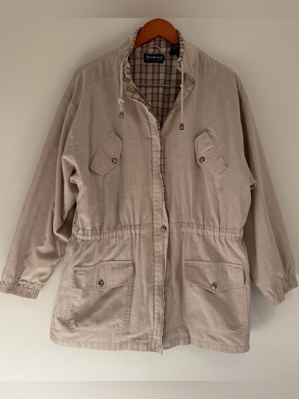 Vintage Weekend Edition Utility Safari Jacket Large Tan Beige Cargo Plaid Anorak